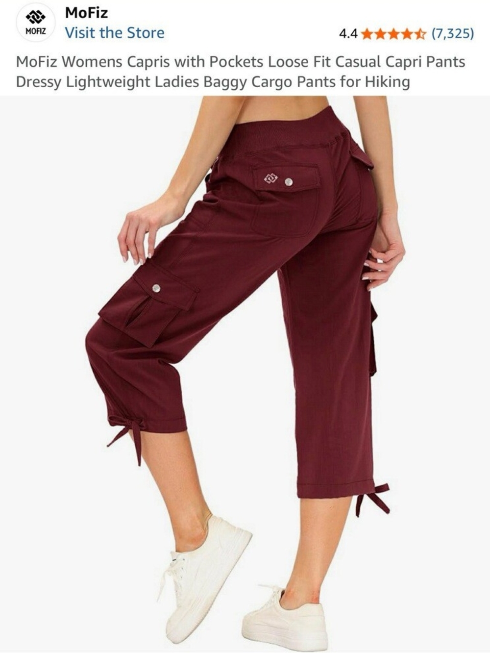 MoFizz Women's Burgundy Cargo Capri Pants with Tie Hem